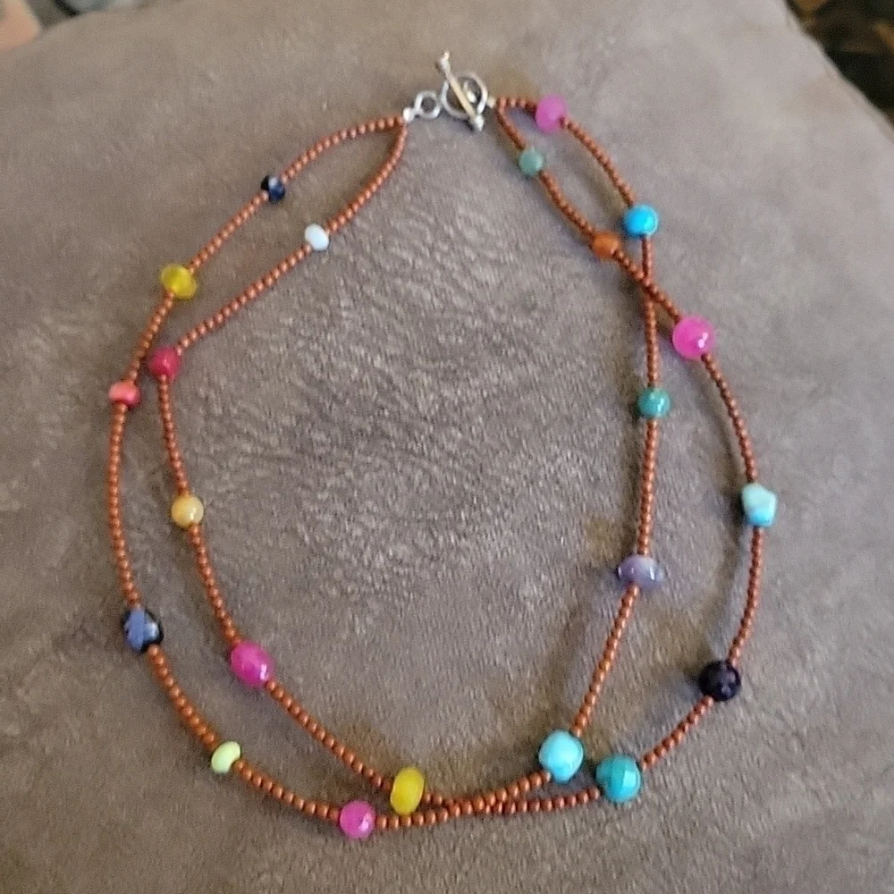 Handmade Rainbow Gemstone Beaded Two Strand Necklace